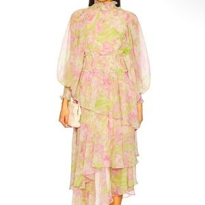 Elliatt Pastel Pink and Light Green Floral Long Sleeve Maxi Dress